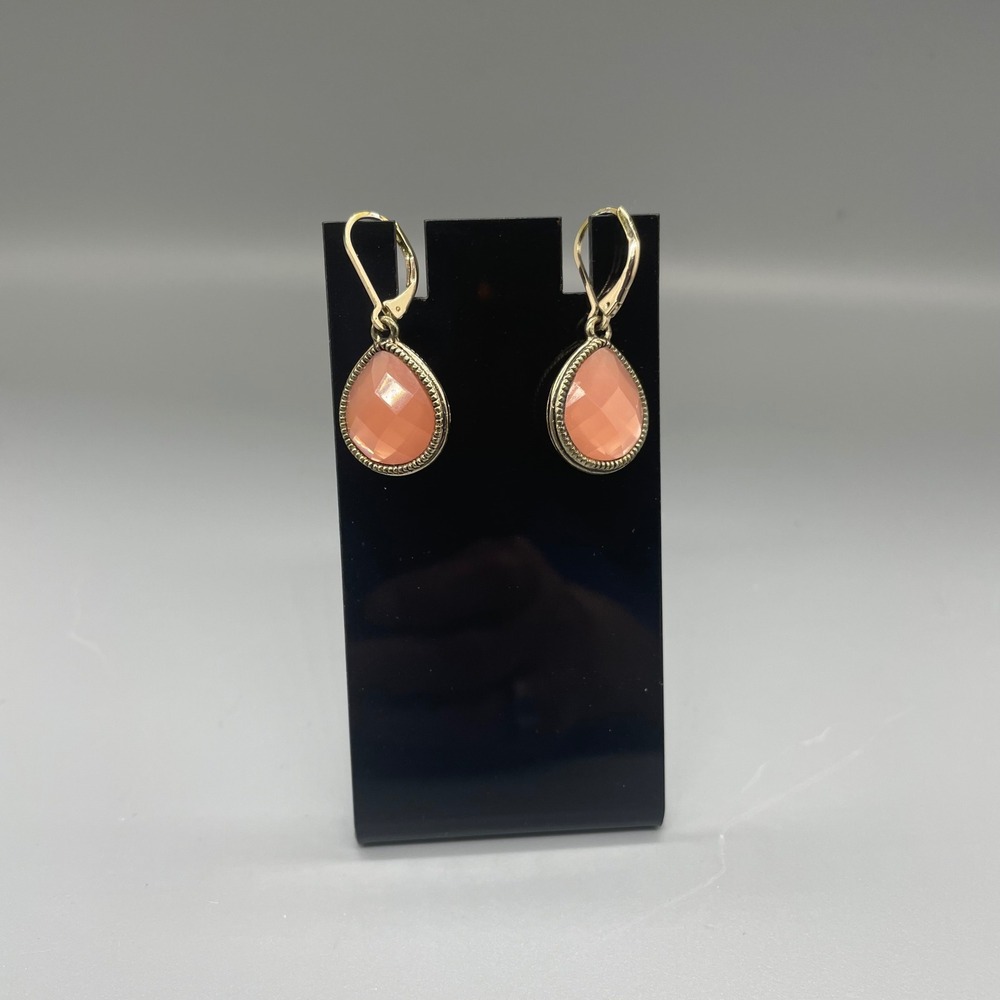 Peach Teardrop Leverback Earrings Gold Tone Faceted Drop Dangle Jewelry
